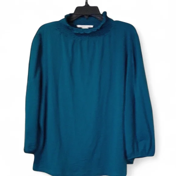 NWT Peter Nygard Blouse Women 1X Turquoise Knit SmockedNeck LongSleeve Business - Picture 1 of 6